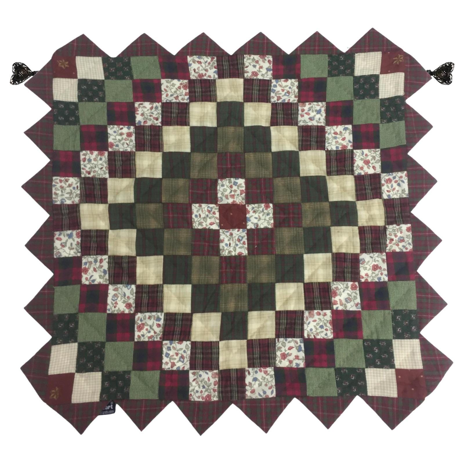 Hand quilted Block Quilt, Table Topper, Throw quilt Winterberry Garden Calico cotton zig zag quilt by Home Heart brands (Made in India)