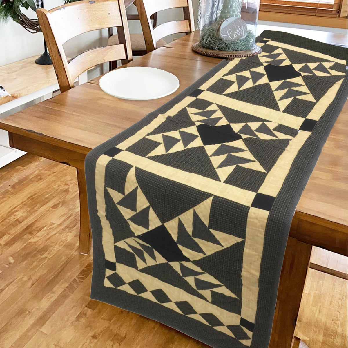 Hand Quilted Primitive flying geese Heritage Star 16"x50" patchwork Table Runner & Toppers by HOME HEART Brands(Made in India)