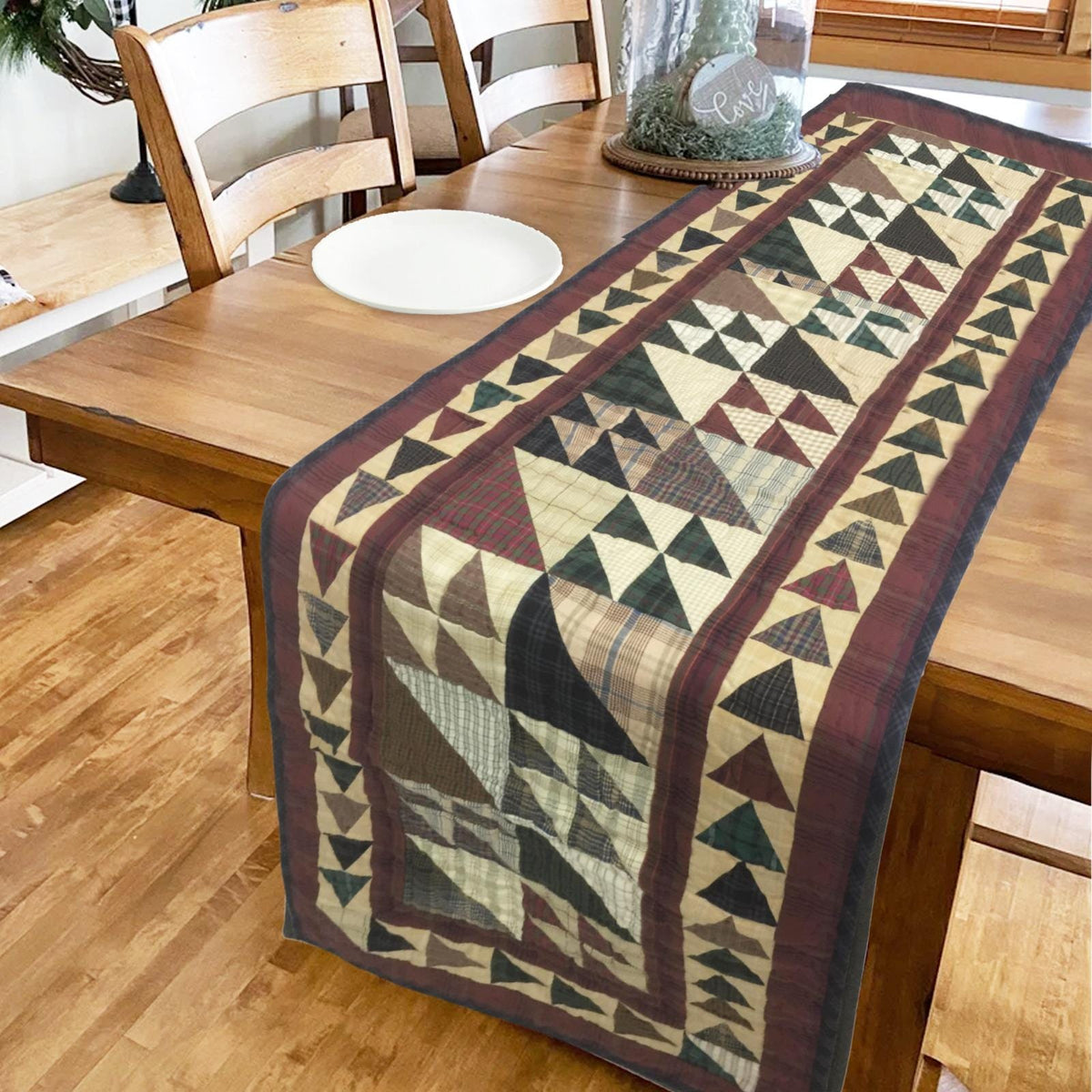 Hand Quilted crafted Rustic flying geese plaid table runner 16"x50" patchwork Table Runner & Toppers by HOME HEART Brands(Made in India)