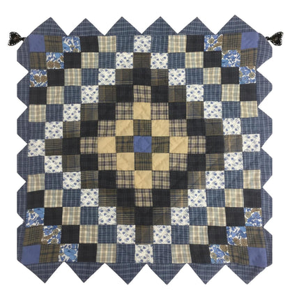 Hand made Hand quilted Block Quilt, Table Topper, Throw quilt cornflower cotton square zig zag quilt by Home Heart brands (Made in India)
