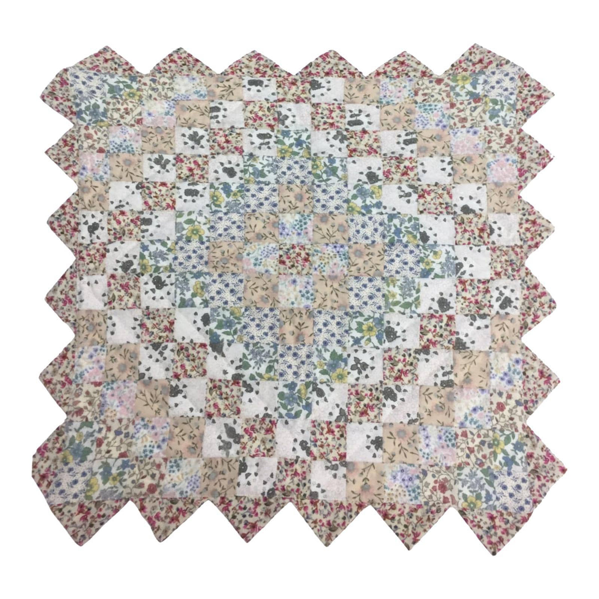 Hand made Hand quilted Block Quilt, Table Topper, Throw quilt calico floral cotton square zig zag quilt by Home Heart brands (Made in India)