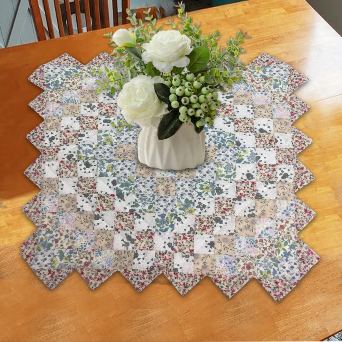 Hand made Hand quilted Block Quilt, Table Topper, Throw quilt calico floral cotton square zig zag quilt by Home Heart brands (Made in India)