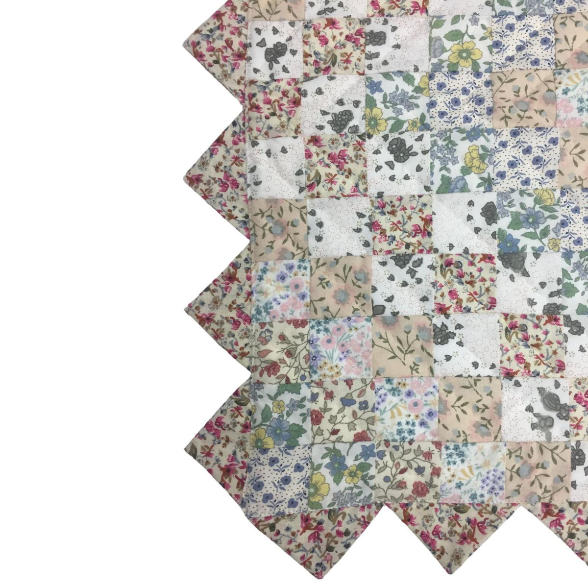 Hand made Hand quilted Block Quilt, Table Topper, Throw quilt calico floral cotton square zig zag quilt by Home Heart brands (Made in India)