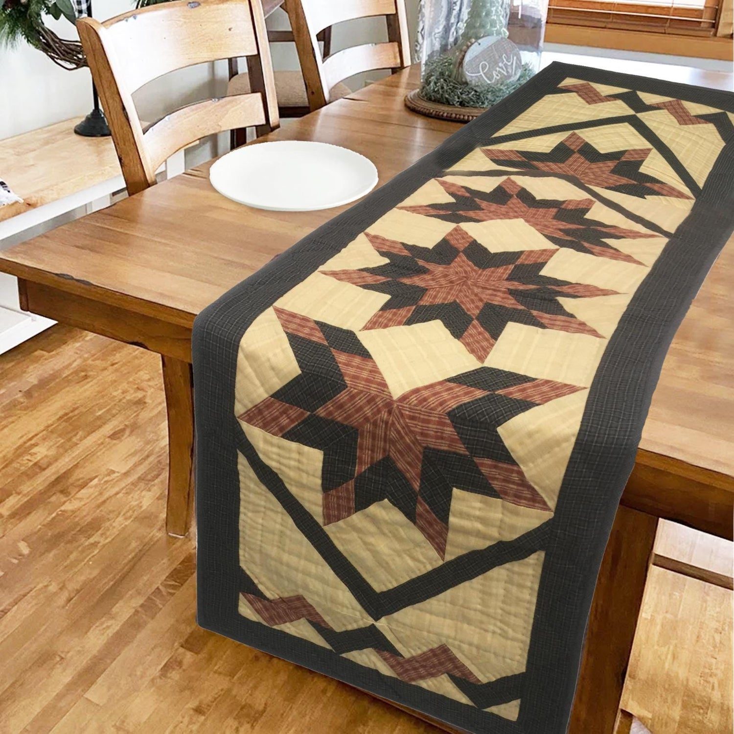 Hand Quilted crafted Country Charm Star patchwork plaid table runner 16"x50" Table Toppers by HOME HEART Brands(Made in India)