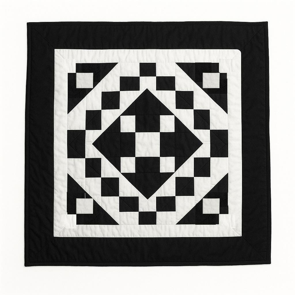 Hand made hand quilted quilt, table accent piece, Table topper Black Diamond square quilt 100% Cotton Heirloom Quality by HOME HEART Brands