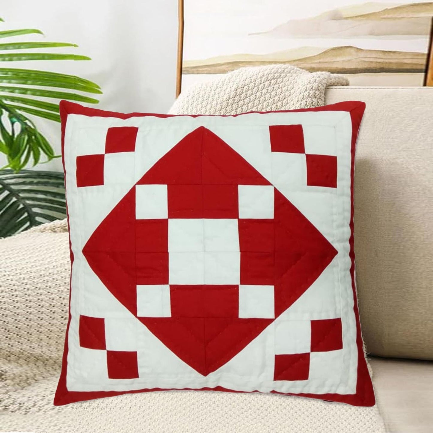 Hand made hand quilted patchwork pillow cover, cushion cover, throw pillow calico red diamond square by HOME HEART Brands(made in India)