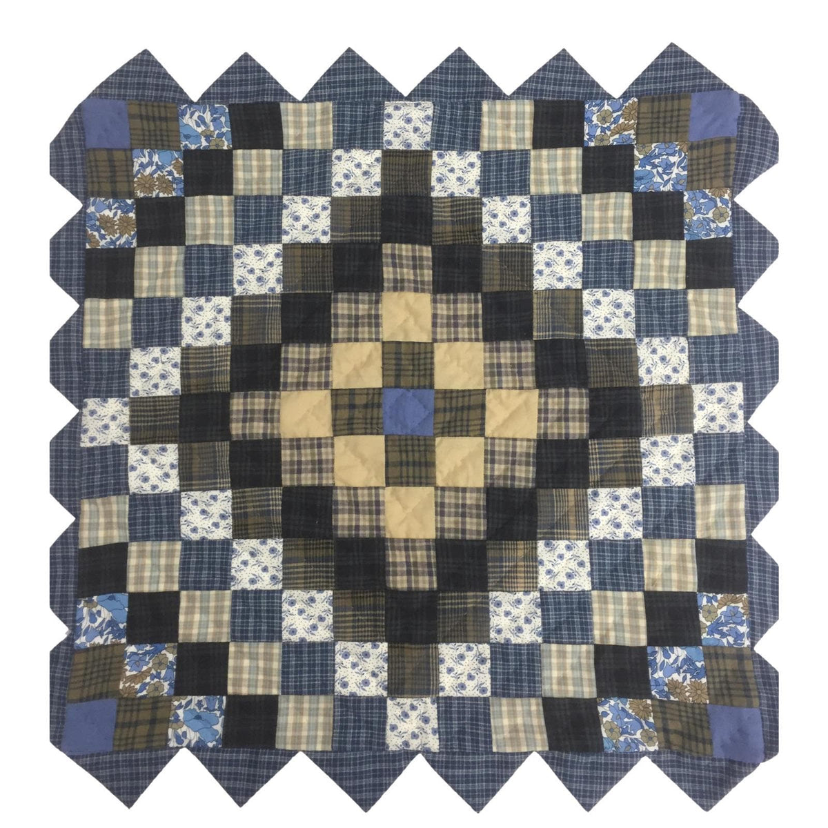 Hand made Hand quilted Block Quilt, Table Topper, Throw quilt cornflower cotton square zig zag quilt by Home Heart brands (Made in India)