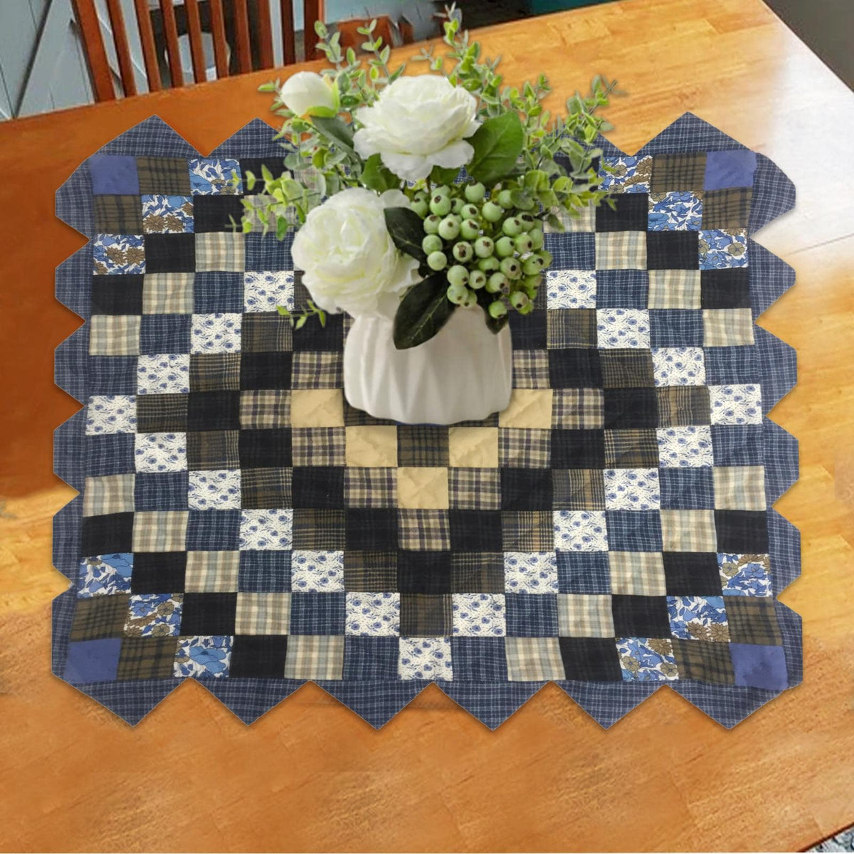 Hand made Hand quilted Block Quilt, Table Topper, Throw quilt cornflower cotton square zig zag quilt by Home Heart brands (Made in India)