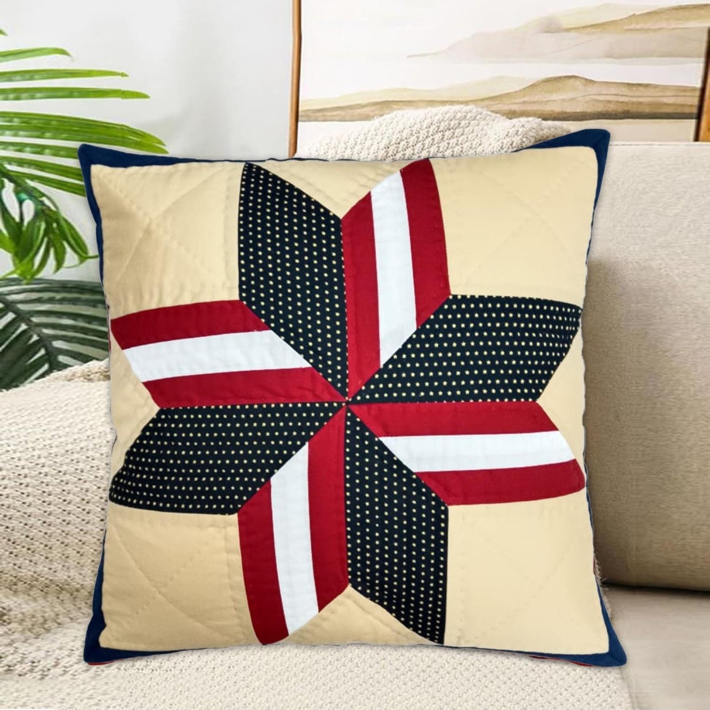 Hand made hand Quilted patchwork pillow cover, cushion cover, calico Americana Starburst pillow cover by HOME HEART Brands(made in India)