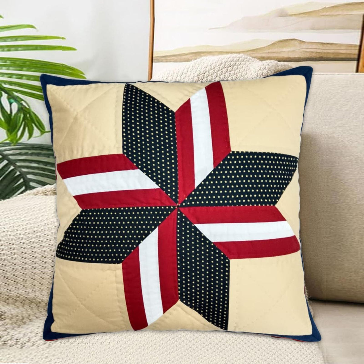 Hand made hand Quilted patchwork pillow cover, cushion cover, calico Americana Starburst pillow cover by HOME HEART Brands(made in India)