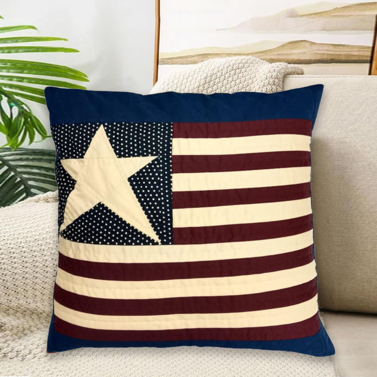 Hand made hand quilted patchwork pillow, cushion cover, calico American Flag Primitive pillow cover by HOME HEART Brands(made in India)