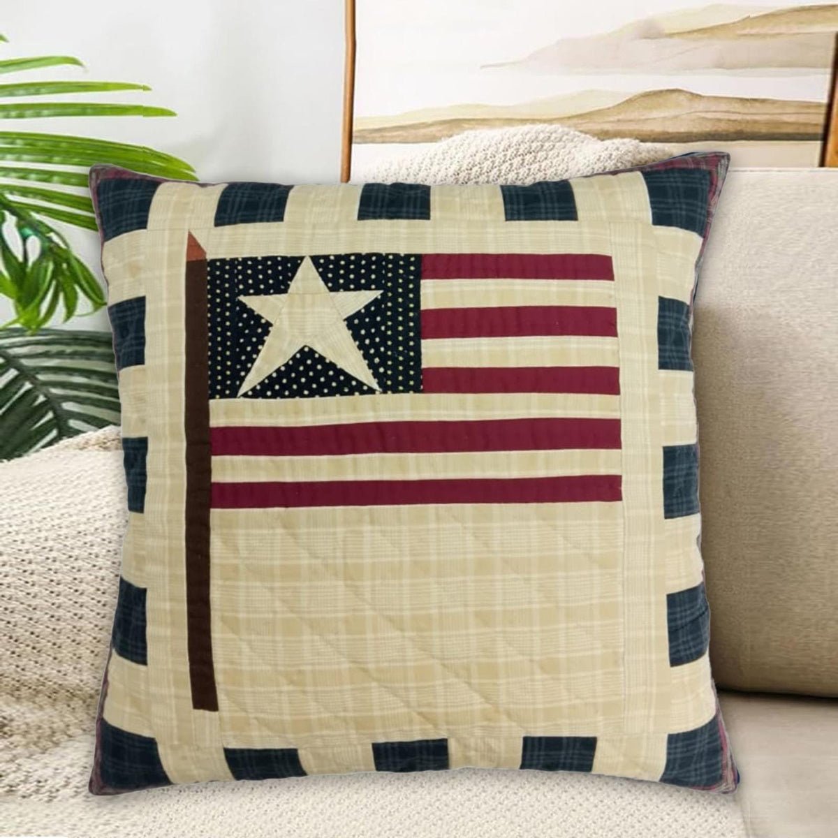 Hand made hand quilted patchwork pillow, cushion cover, calico Americana Flag Primitive pillow cover by HOME HEART Brands(made in India)