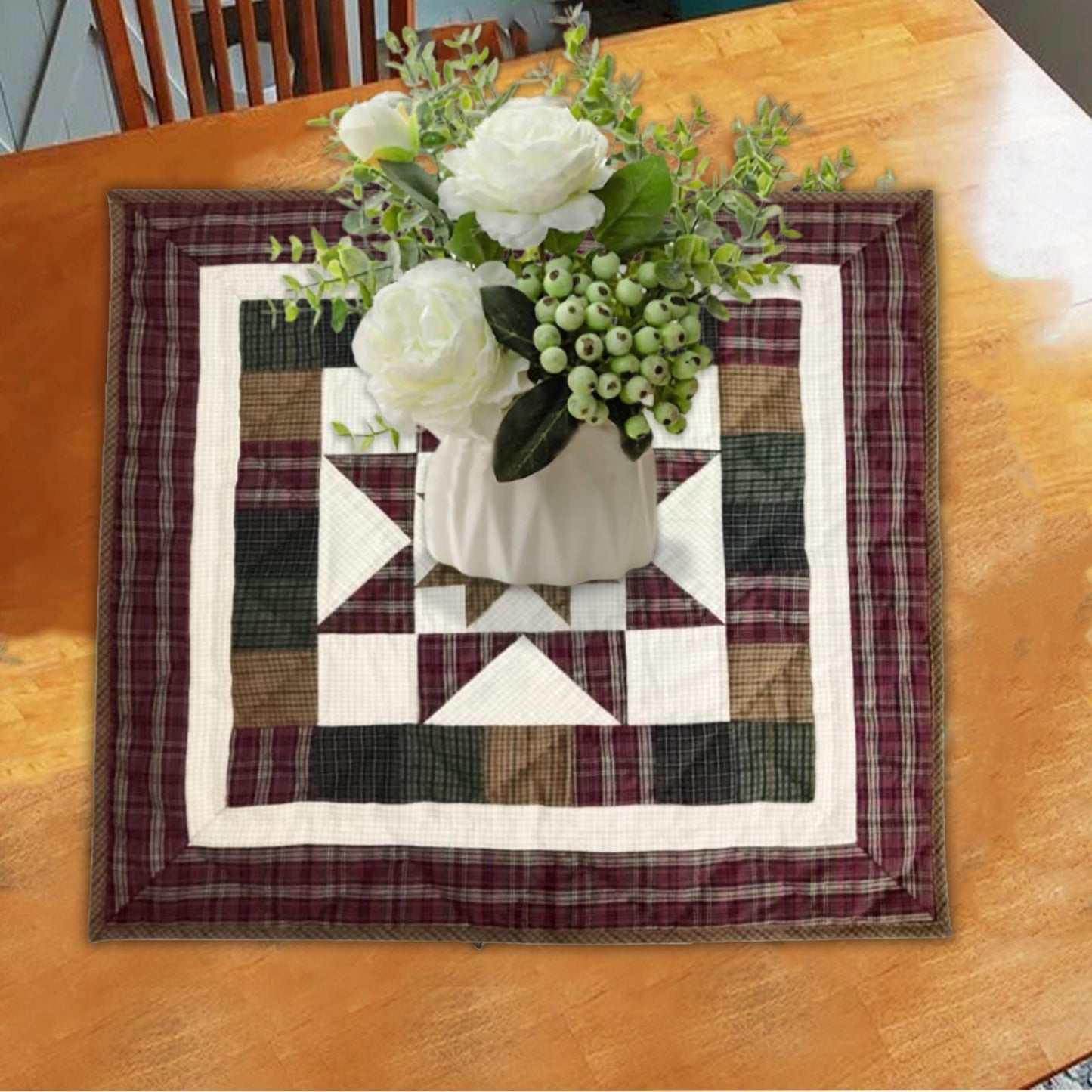 Barn star quilted 19"X19" hand crafted block square quilt, small quilt, Table Topper calico fabric by Home Heart brands (Made in India)