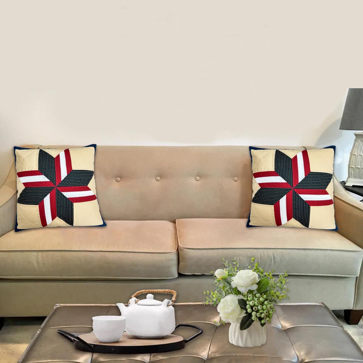 Hand made hand Quilted patchwork pillow cover, cushion cover, calico Americana Starburst pillow cover by HOME HEART Brands(made in India)