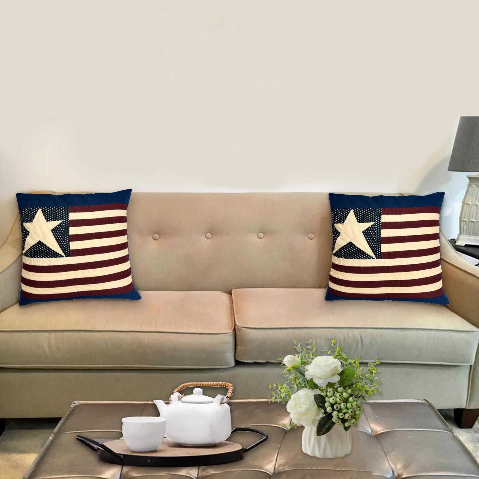 Hand made hand quilted patchwork pillow, cushion cover, calico American Flag Primitive pillow cover by HOME HEART Brands(made in India)