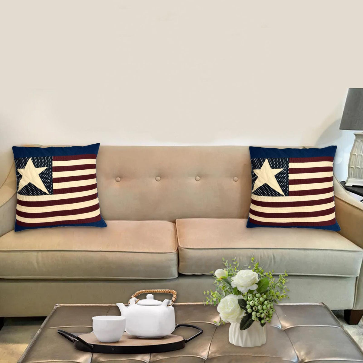 Hand made hand quilted patchwork pillow, cushion cover, calico American Flag Primitive pillow cover by HOME HEART Brands(made in India)