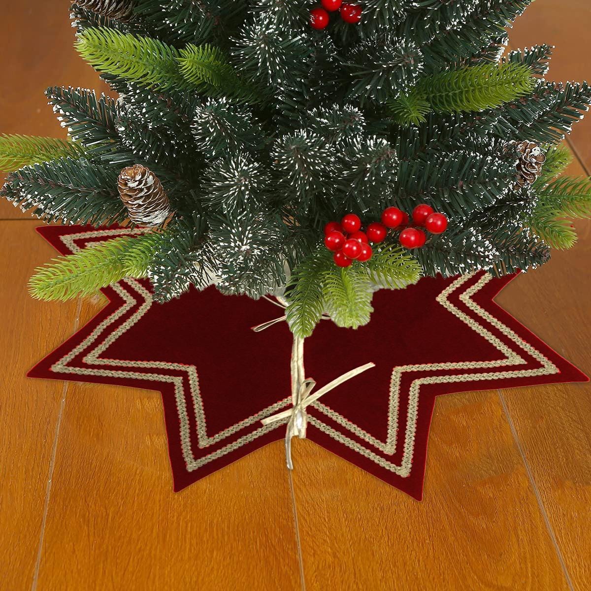 Christmas Tree Skirt Handcrafted Star Design burgundy wine Velvet, Gold Trim Double Layer Heirloom by HOME HEART Brands(Made in India)