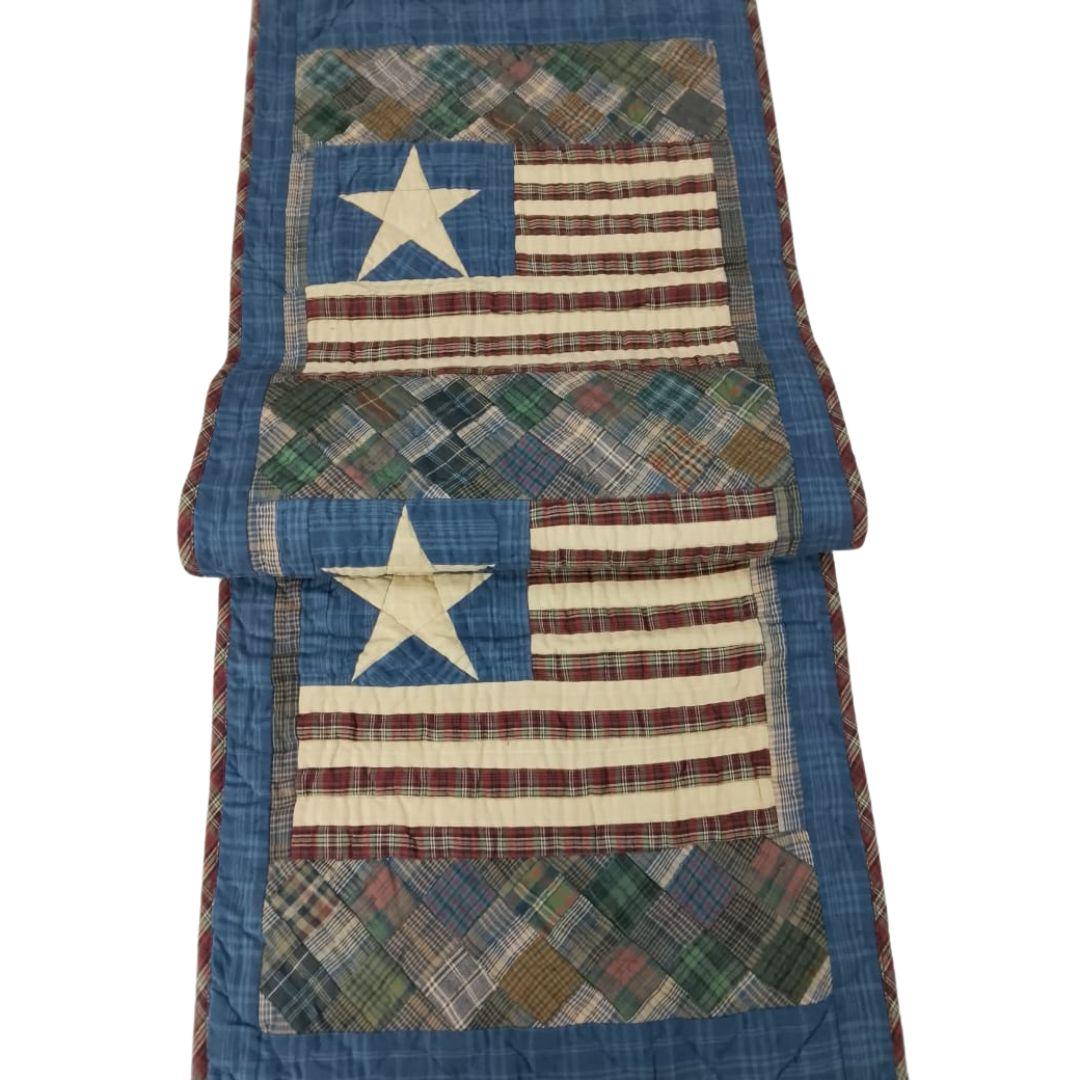 Hand Quilted crafted Old glory Americana flag patchwork plaid table runner 16"x50" Table Toppers by HOME HEART Brands(Made in India)
