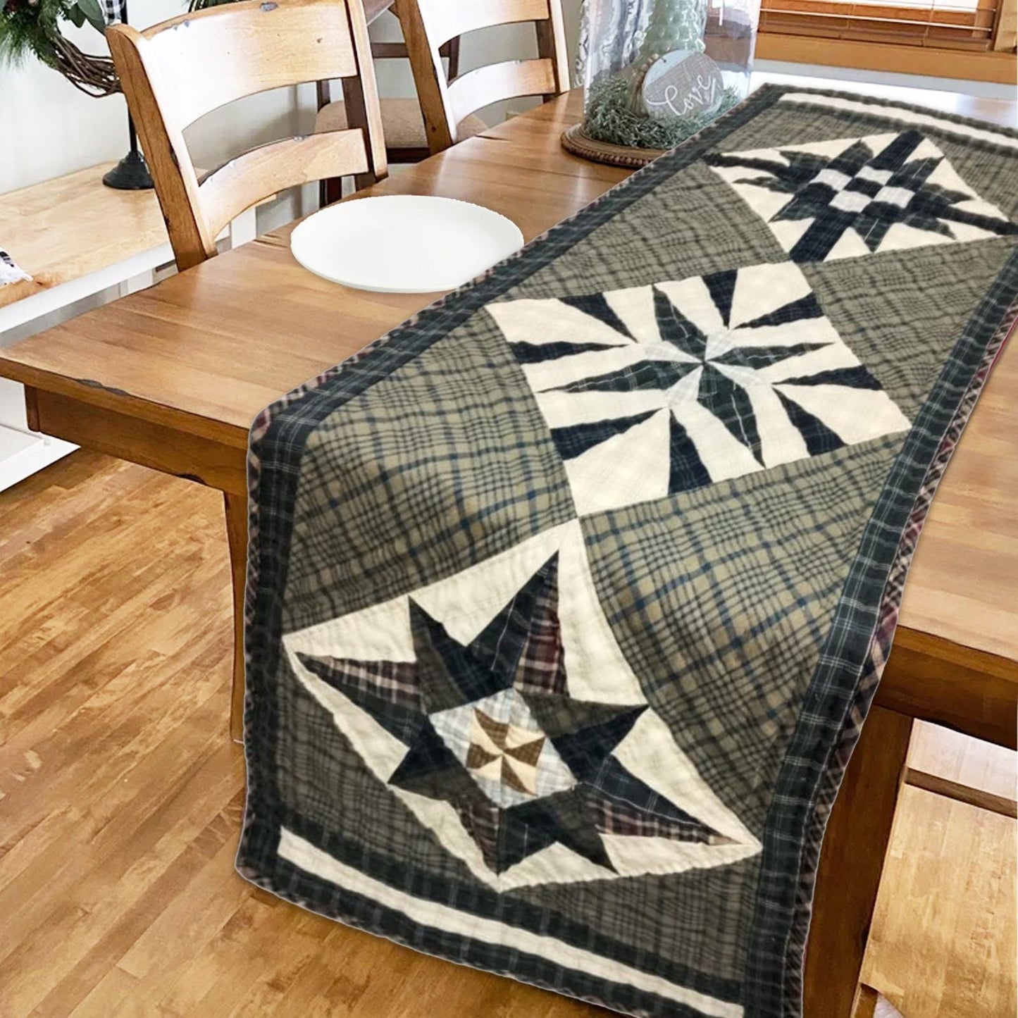 Table runner hand quilted, Table Toppers Star of Star plaid Patchwork Table runner Country Style  by HOME HEART Brands(made in INDIA)