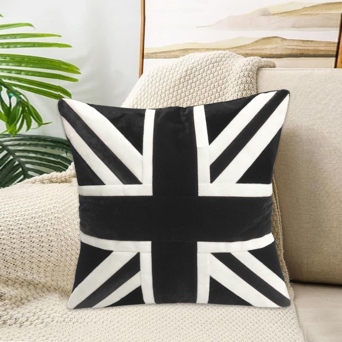 Velvet Union Jack pillow cover, cushion cover (pillow not included) black & white micro velvet fabric by HOME HEART Brands(made in India)