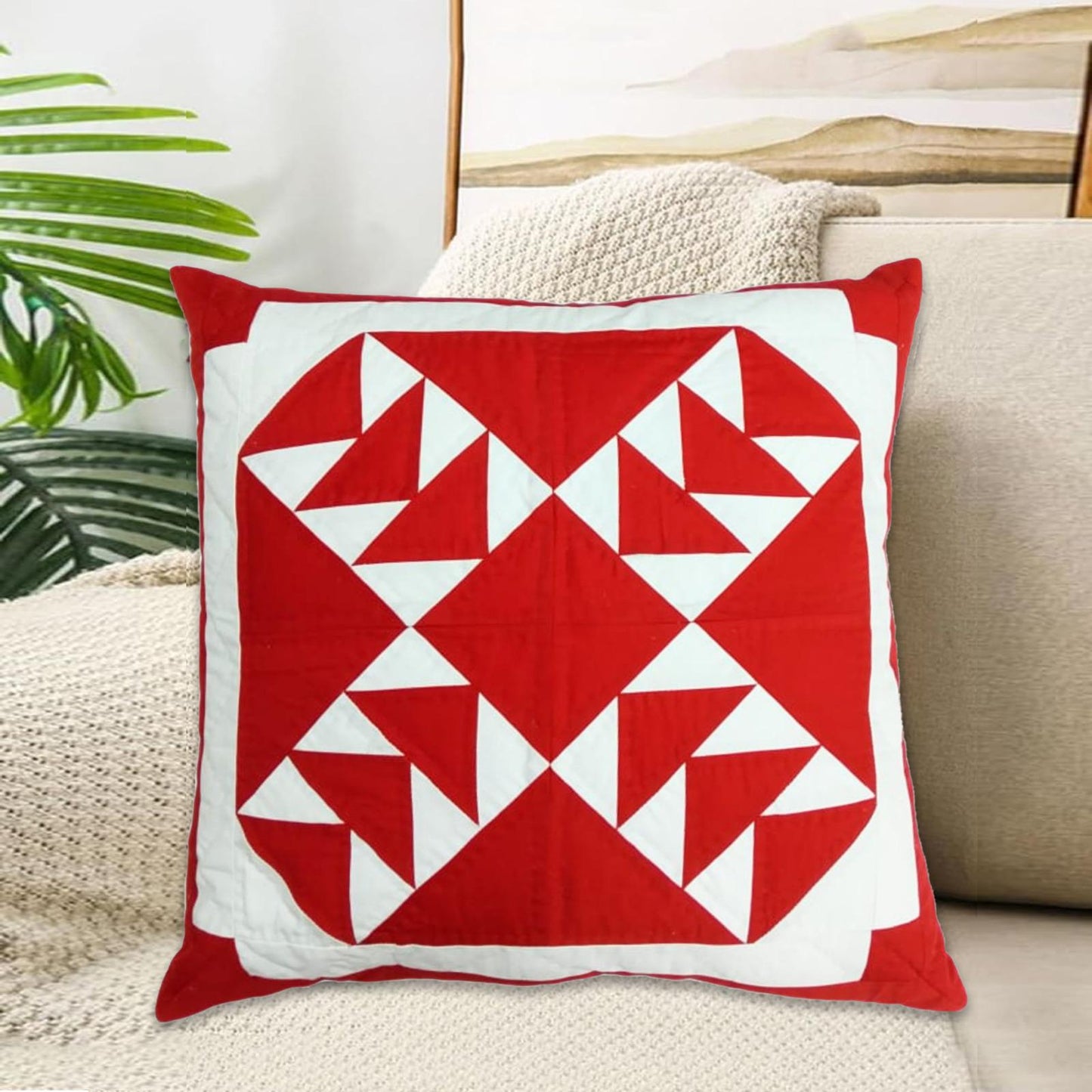 Hand made hand quilted patchwork pillow cover, cushion cover, throw pillow calico Bear paw red white by HOME HEART Brands(made in India)