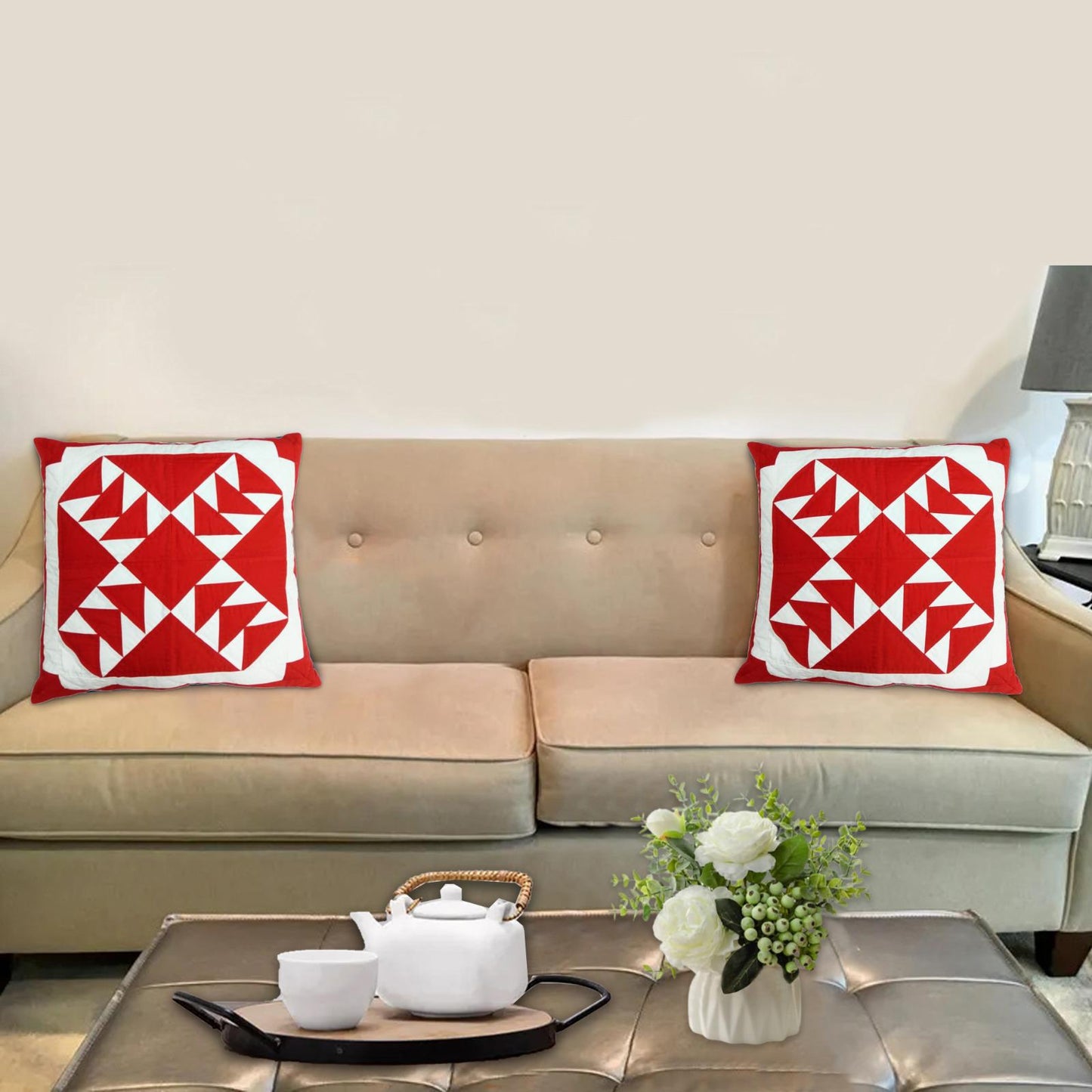 Hand made hand quilted patchwork pillow cover, cushion cover, throw pillow calico Bear paw red white by HOME HEART Brands(made in India)