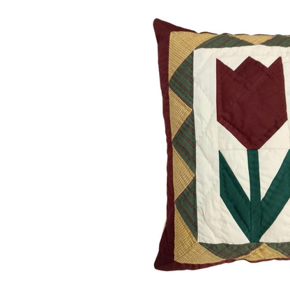 Hand mad hand Quilted TULIP patchwork pillow cover, cushion cover, throw pillow Calico burgundy ivory by HOME HEART Brands(made in India)