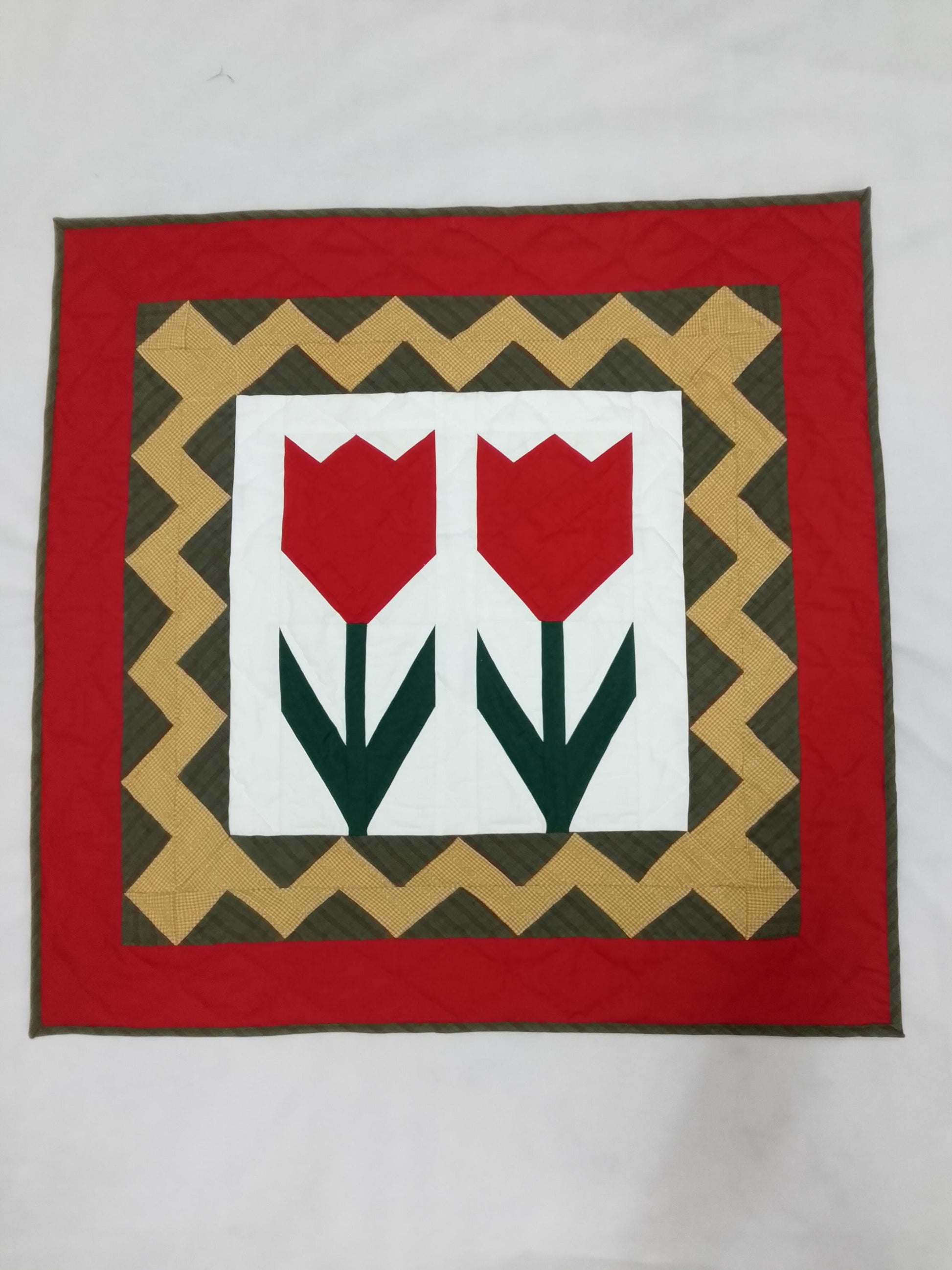 Hand made Hand quilted table accent piece, Block small Quilt, Table Topper Tulip calico cotton fabric by Home Heart brands (Made in India)