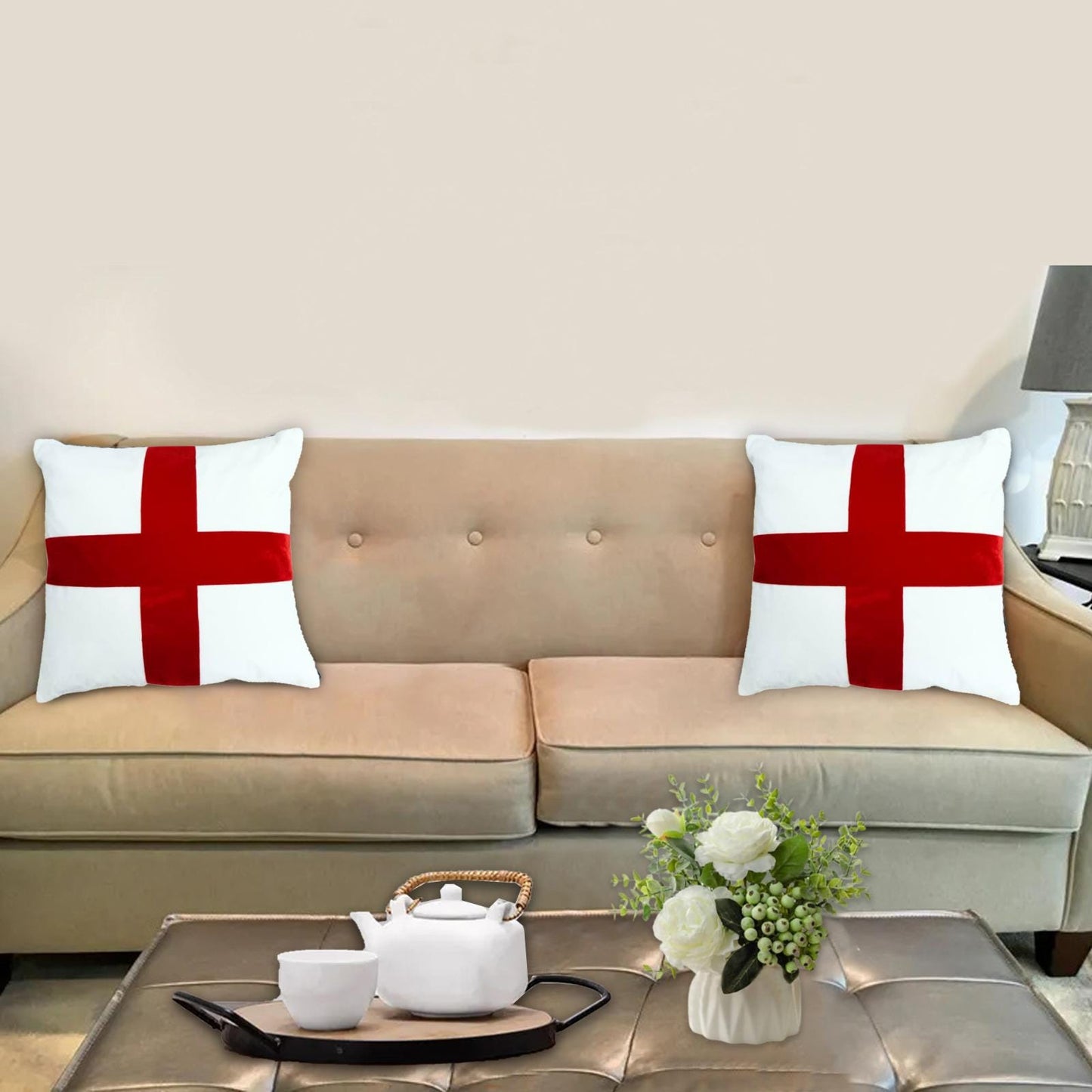 Velvet  England Flag Cross Accent Cushion cover Red White pillow three layer fabric (pillow not included) by HOME HEART Brands made in India