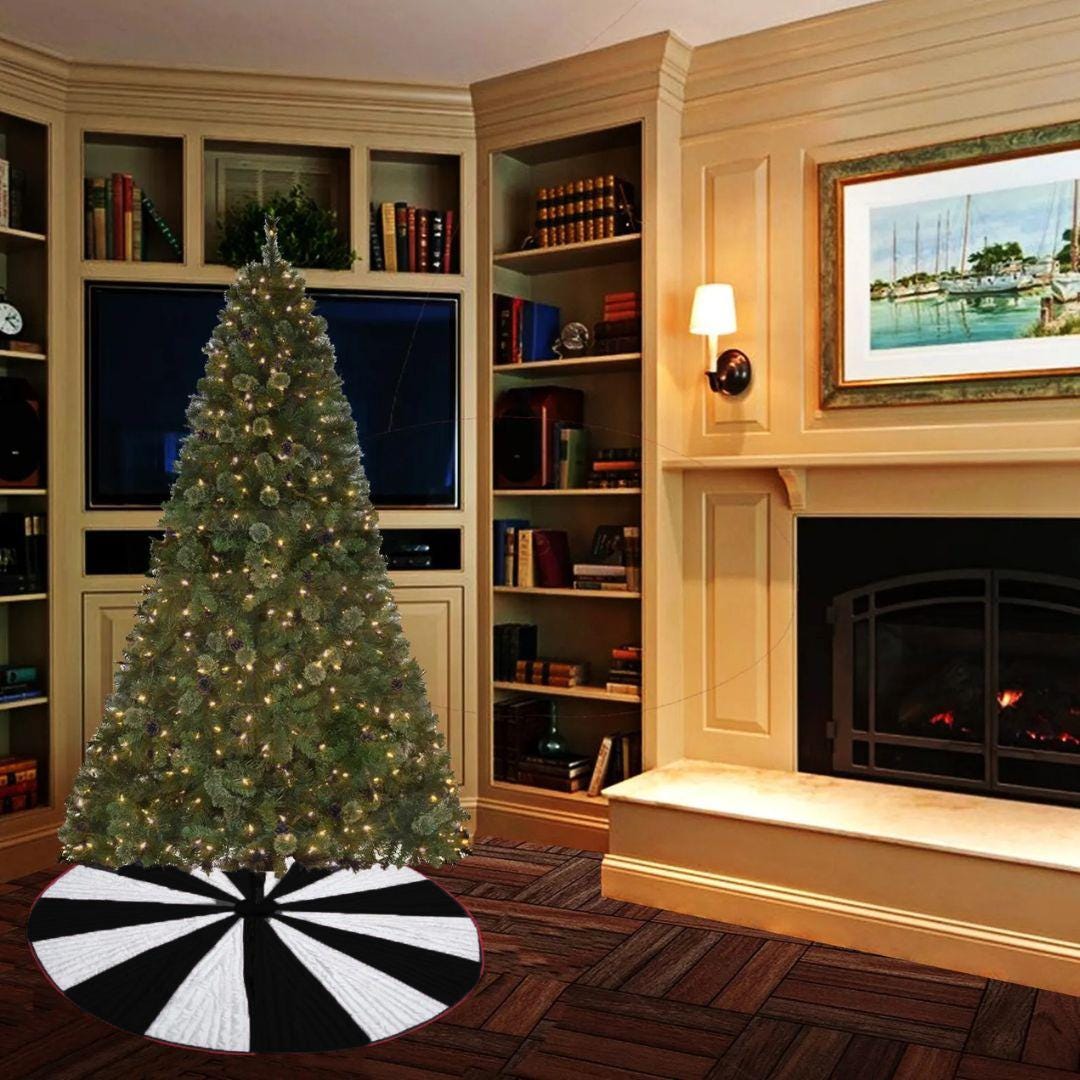 Christmas tree skirt black & white faux silk Holiday Pinwheel Patchwork and intricate quilting thick  tree skirt by HOME HEART Brands