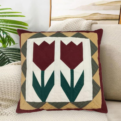Hand mad hand Quilted TULIP patchwork pillow cover, cushion cover, throw pillow Calico burgundy ivory by HOME HEART Brands(made in India)