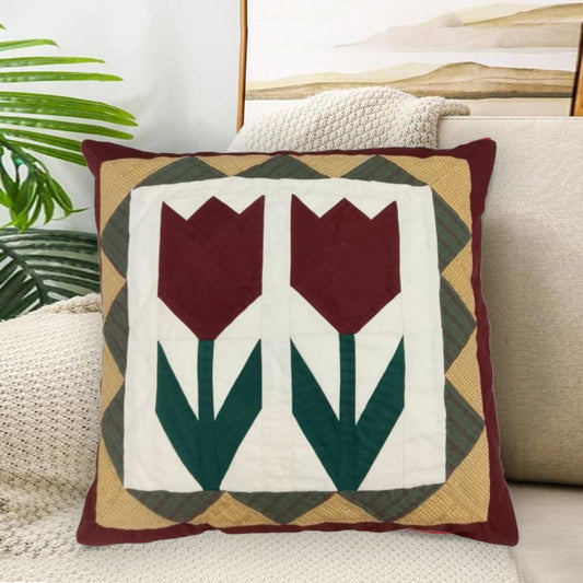 Hand mad hand Quilted TULIP patchwork pillow cover, cushion cover, throw pillow Calico burgundy ivory by HOME HEART Brands(made in India)