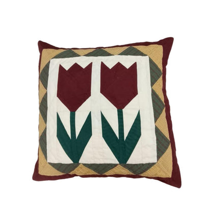 Hand mad hand Quilted TULIP patchwork pillow cover, cushion cover, throw pillow Calico burgundy ivory by HOME HEART Brands(made in India)