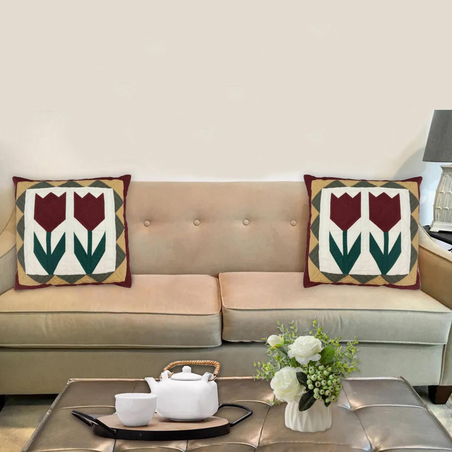 Hand mad hand Quilted TULIP patchwork pillow cover, cushion cover, throw pillow Calico burgundy ivory by HOME HEART Brands(made in India)