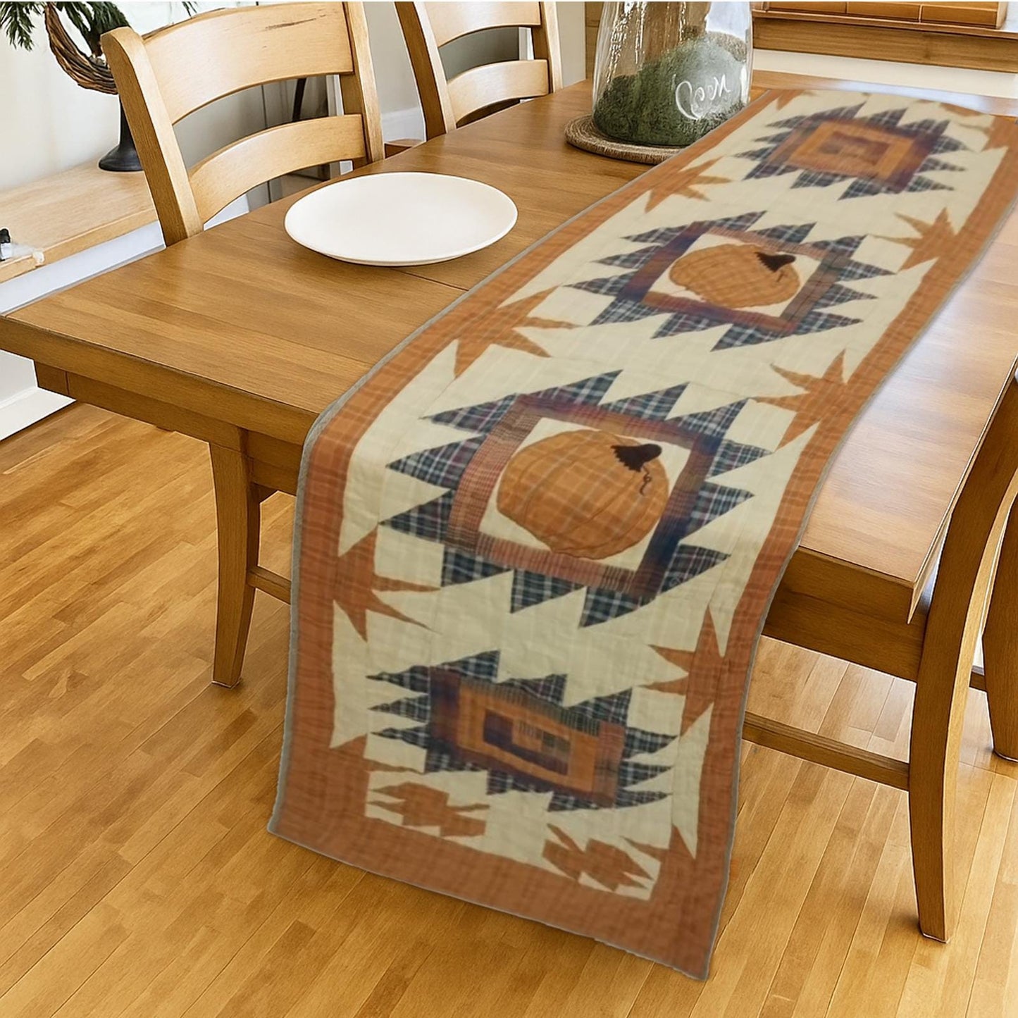 Hand Quilted Pumpkin Patch Table Runner: Rustic Fall Decor 16x72