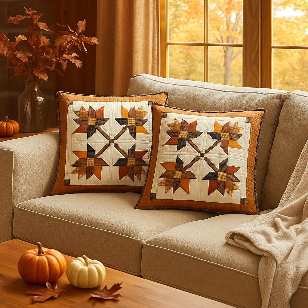 Hand made hand Quilted Autumn leaves patchwork pillow cover, cushion cover, pillow Calico fabric by HOME HEART Brands(made in India)