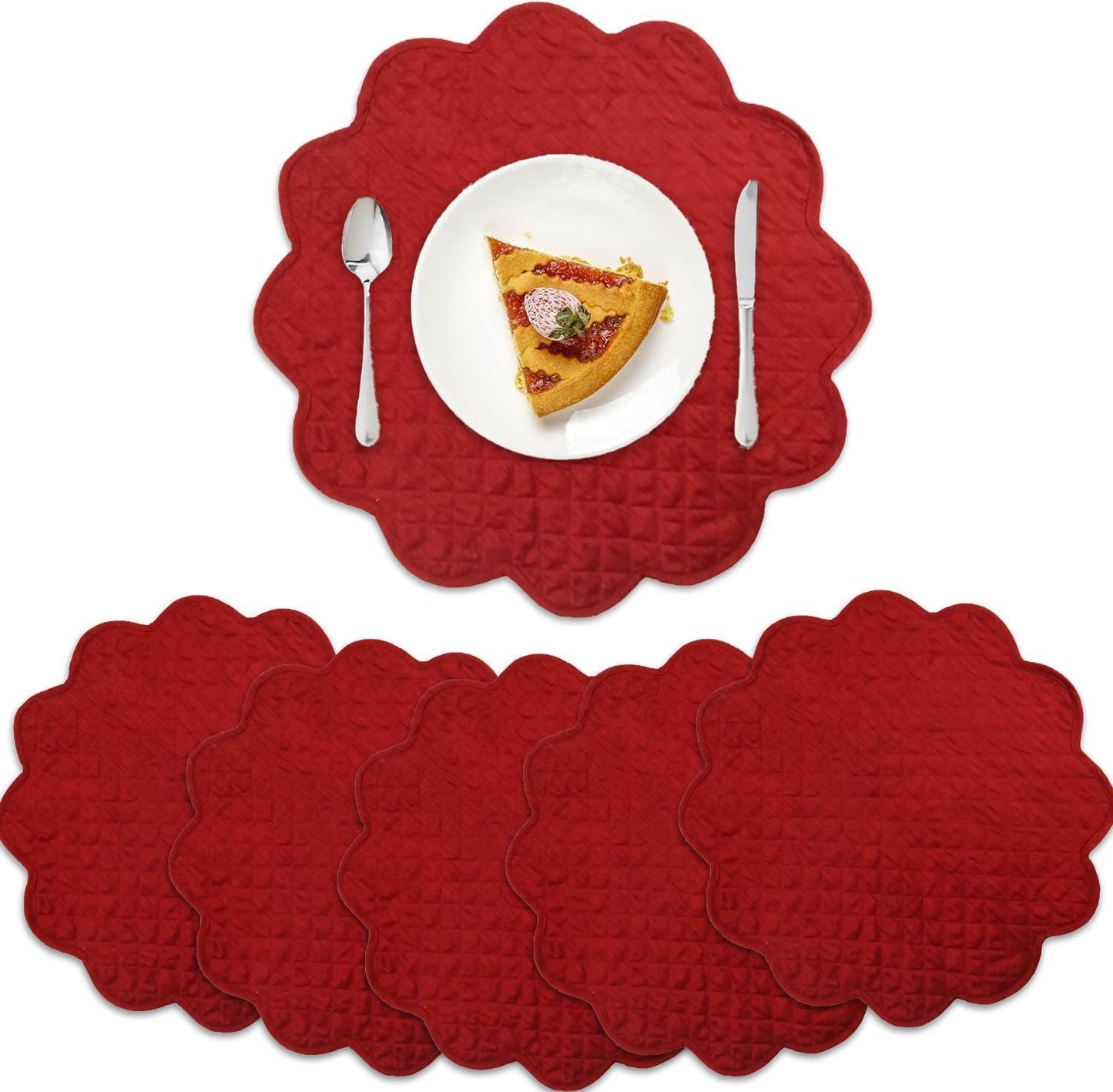 Dupioni Silk Burgundy Reversible Quilted Scalloped round Placemat – 15 Inch placemat & Table toppers by HOME HEART Brands