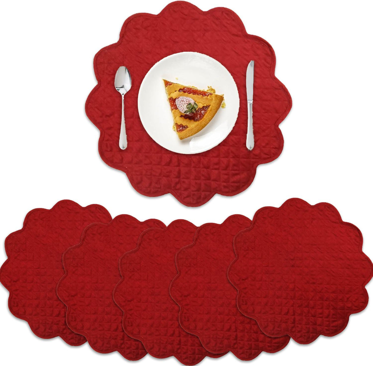 Dupioni Silk Burgundy Reversible Quilted Scalloped round Placemat – 15 Inch placemat & Table toppers by HOME HEART Brands
