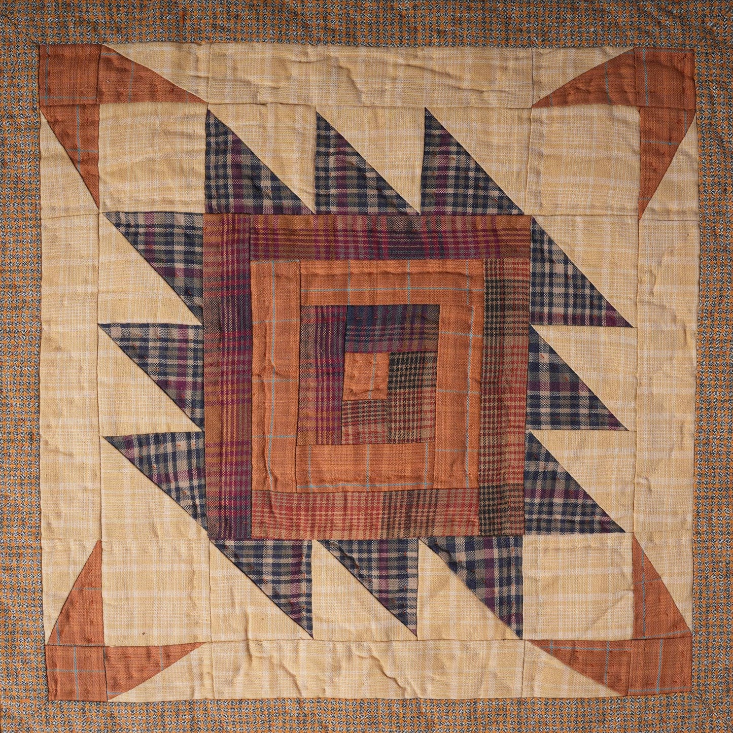 Hand made hand quilted quilt, table accent piece, Table topper 19"x19" inc Autumn log cabin fall quilt Heirloom Quality by HOME HEART Brands