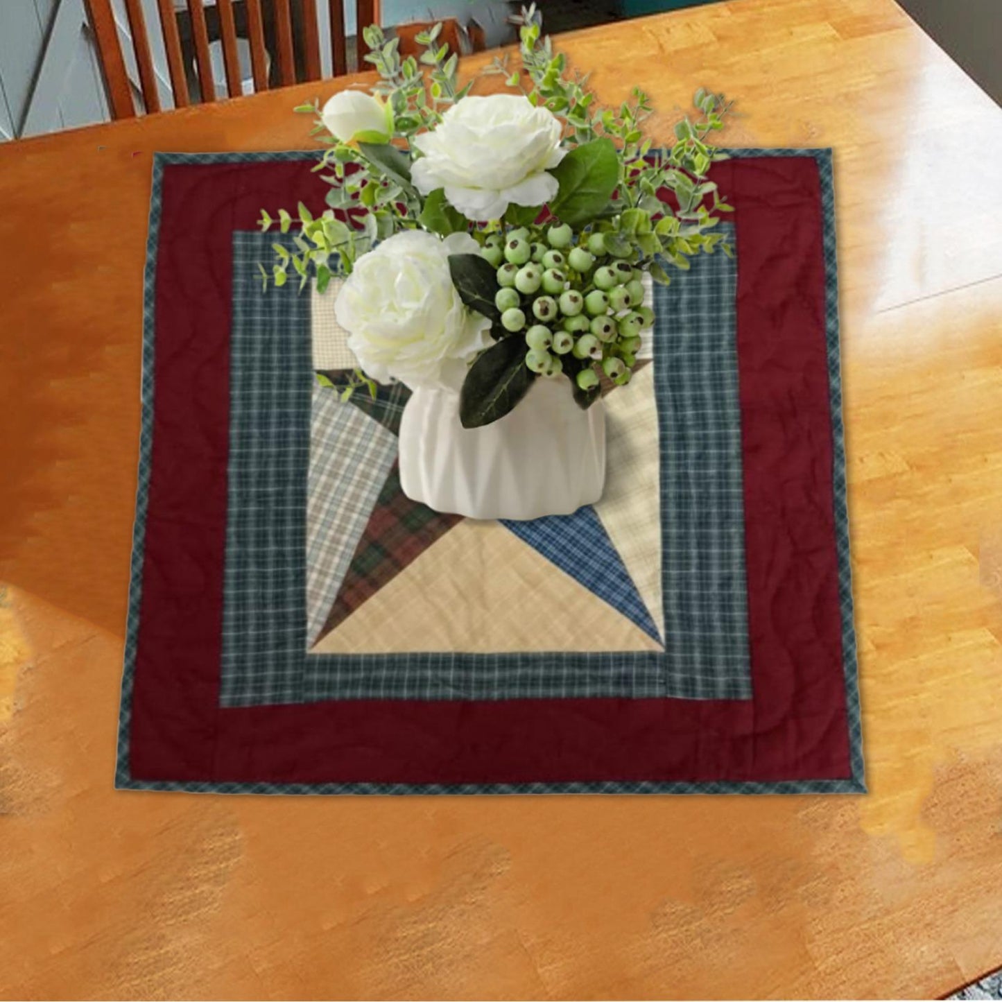 Hand made Hand quilted patchwork small block Quilt, Table Topper 19"x19" colonial star quilt by Home Heart brands (Made in India)