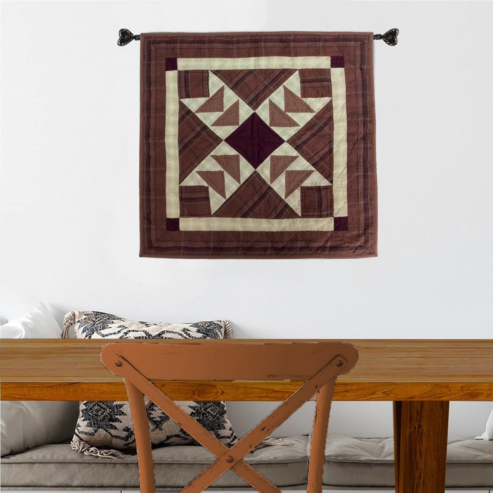 Hand made Hand quilted Wall hanging Quilt,Table Topper 19"x19" Primitive flying geese Burgundy plaid by Home Heart brands (Made in India)