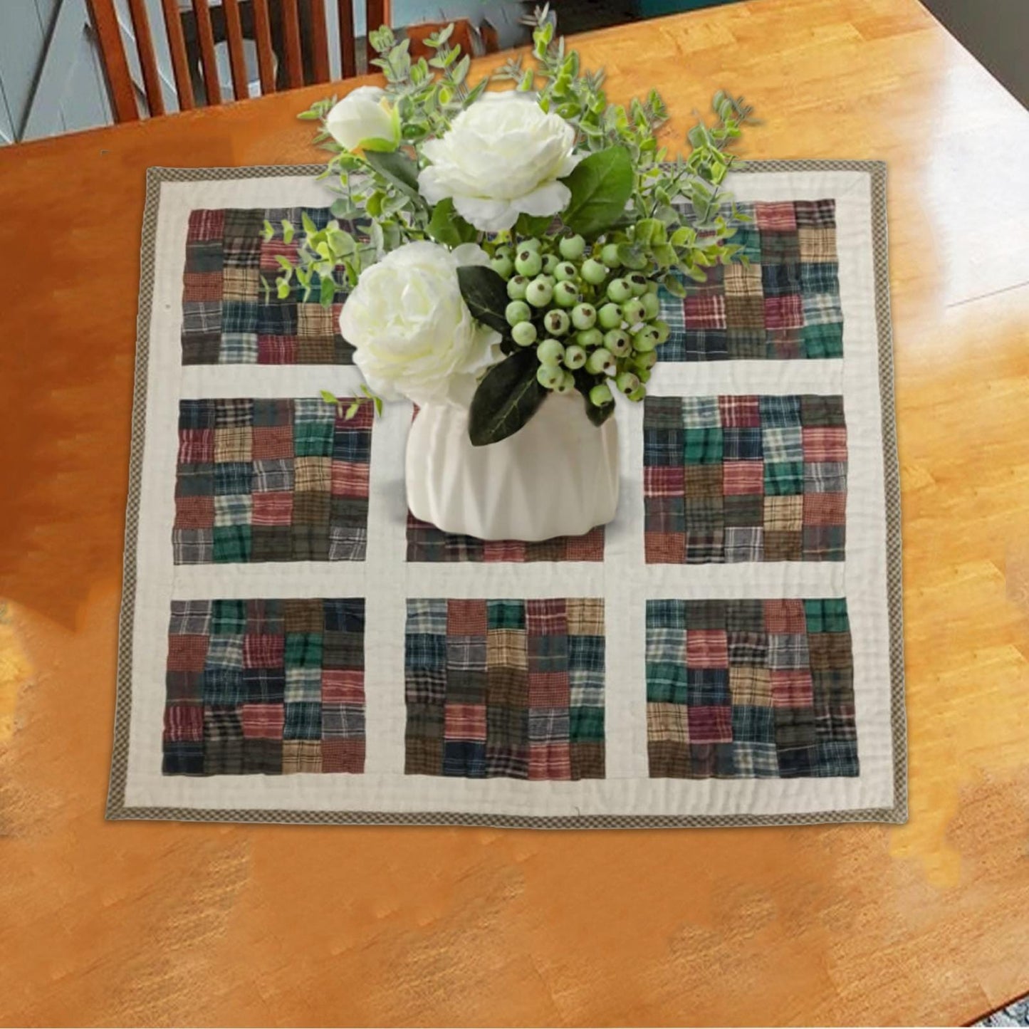 Hand made Hand quilted patchwork small block Quilt,Table Topper 19"x19" Garden Patch Rustic Plaid quilt by Home Heart brands (Made in India)