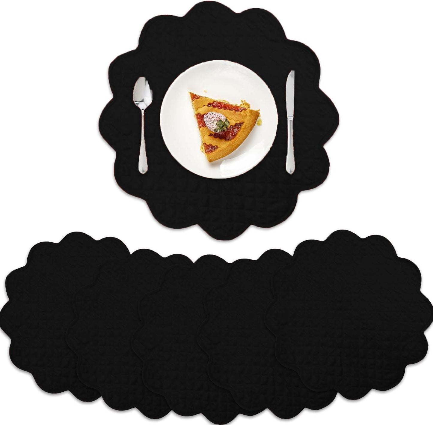 Dupioni Silk Black Reversible Quilted Scalloped round Placemat – 15 Inch placemat & Table toppers by HOME HEART Brands