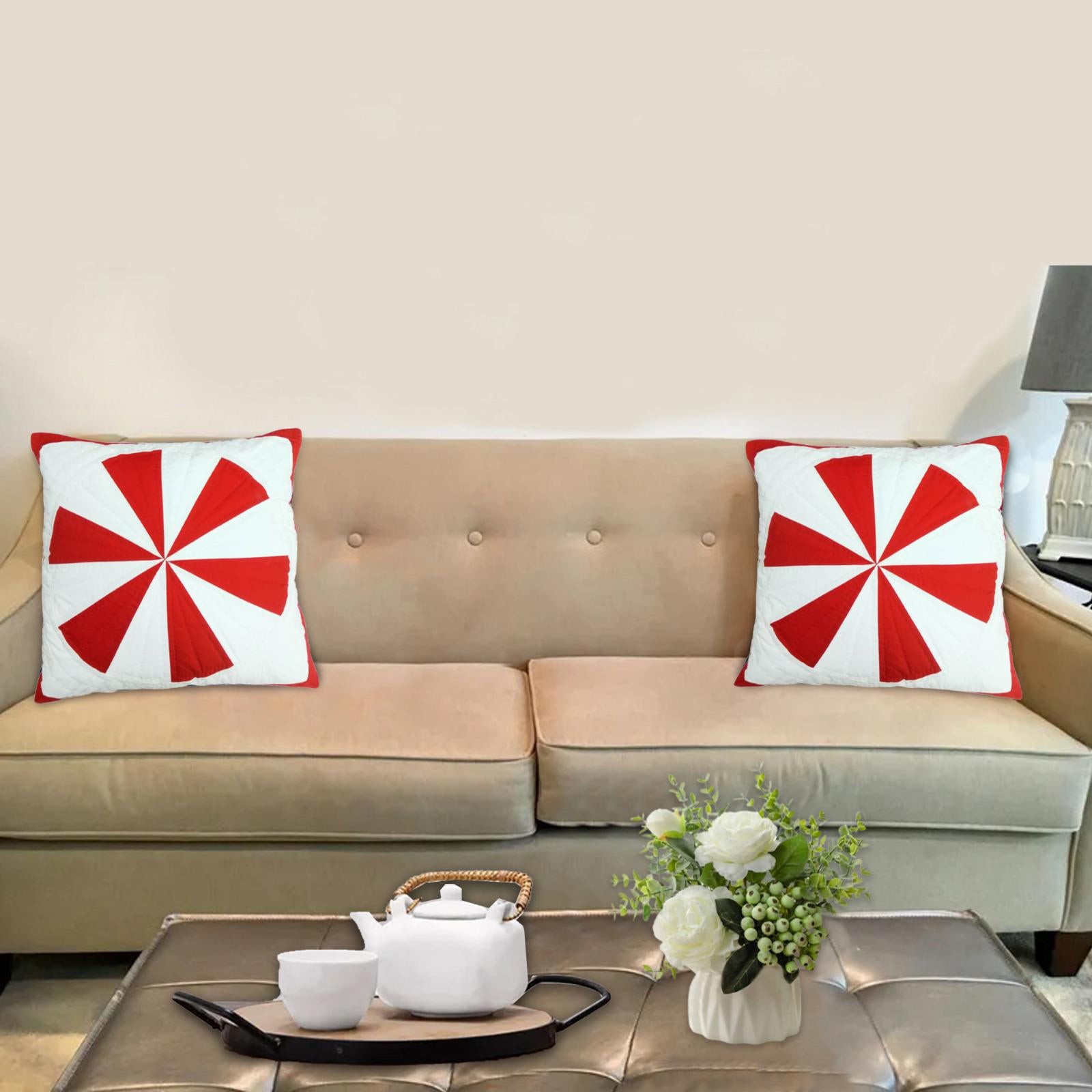 Hand made hand quilted patchwork pillow cover, cushion cover, throw pillow calico red offwhite Pinwheel by HOME HEART Brands(made in India)