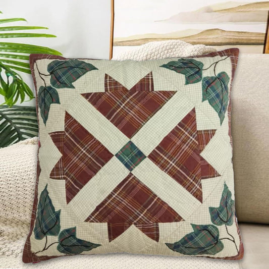 Pillow cover 16"x16" hand quilted cushion cover,decorative throw pillow Rustic Maple Leaf country plaid HOME HEART Brands(made in India)