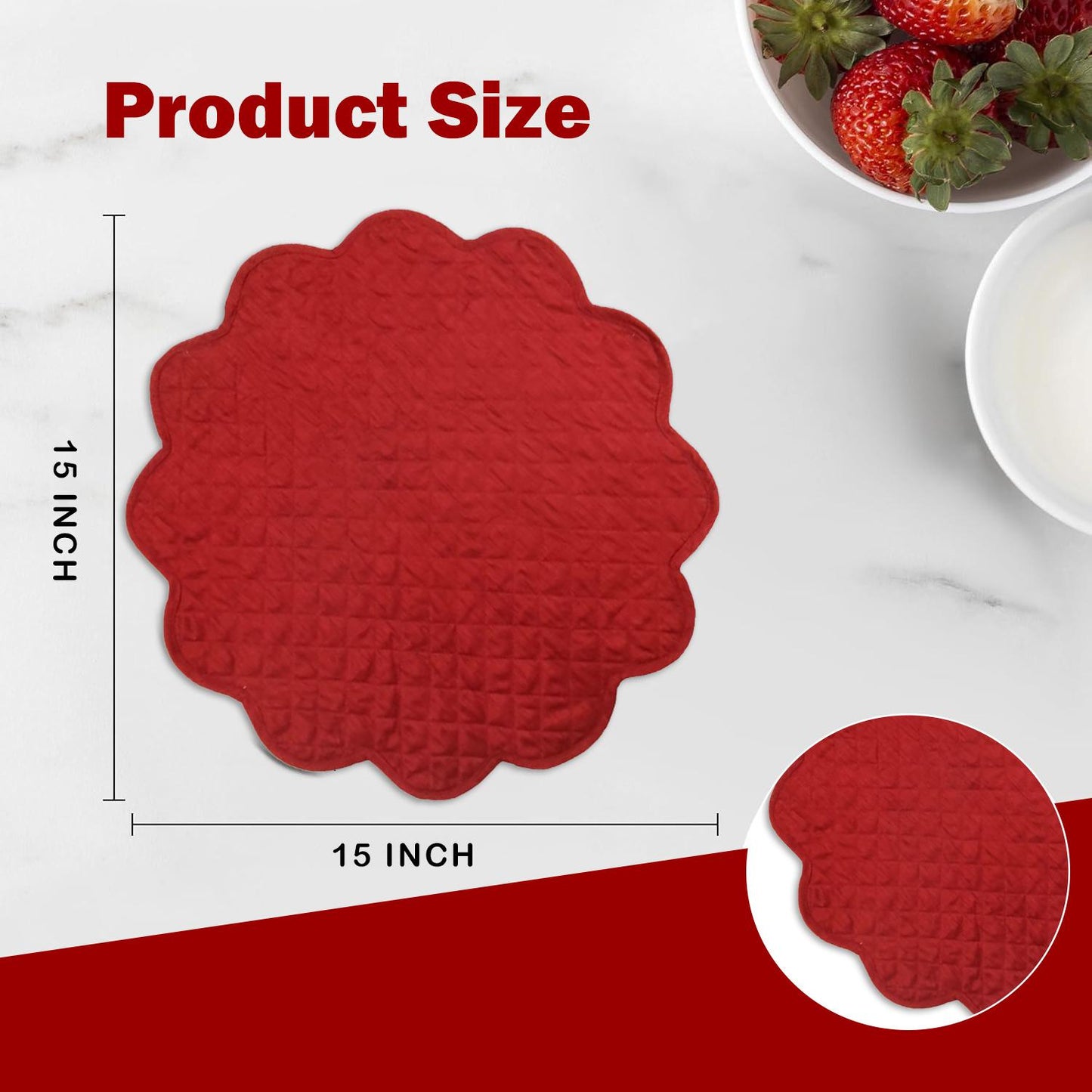 Dupioni Silk Burgundy Reversible Quilted Scalloped round Placemat – 15 Inch placemat & Table toppers by HOME HEART Brands