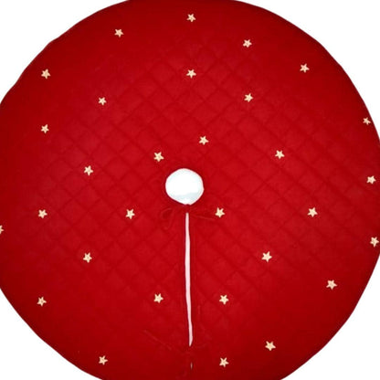 Christmas tree skirt micro red Velvet fabric Quilted with with Gold Star Embroidery. Thick Double Layer quilted by HOME HEART Brands