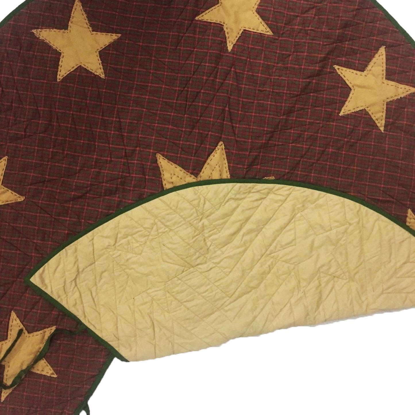 Christmas tree skirt  quilted applique beige star Country Christmas red green plaid  thick Double Layer quilt by HOME HEART Brands