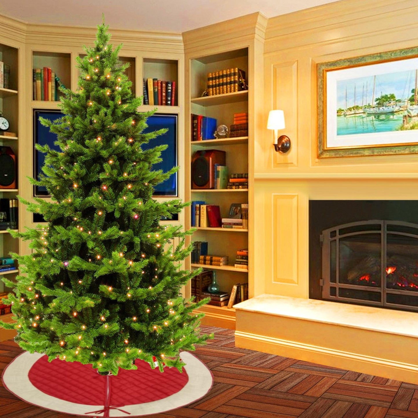 Christmas tree skirt quilted classic red dupioni silk with ivory lurex jute border thick Double Layer by Home Heart Brands(Made in India)