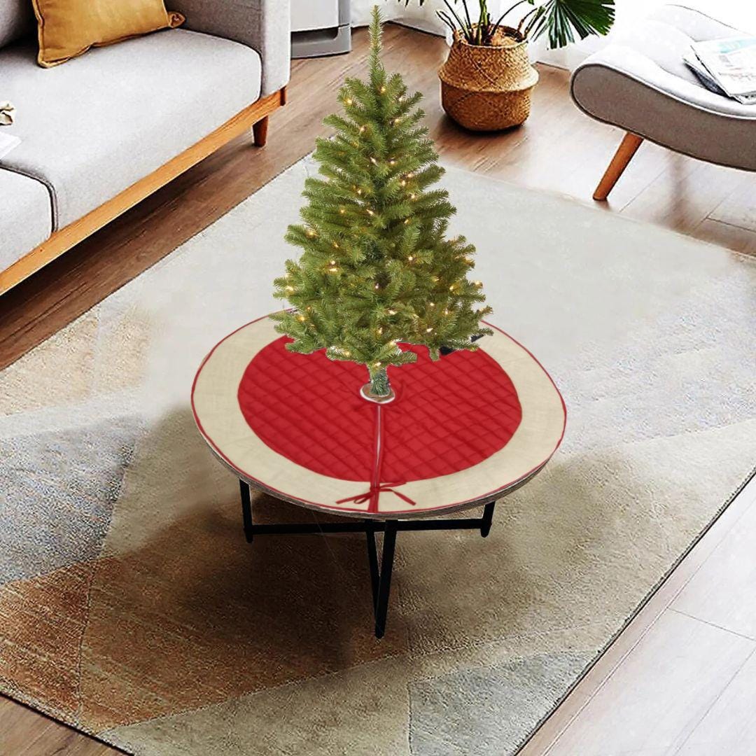 Christmas tree skirt quilted classic red dupioni silk with ivory lurex jute border thick Double Layer by Home Heart Brands(Made in India)